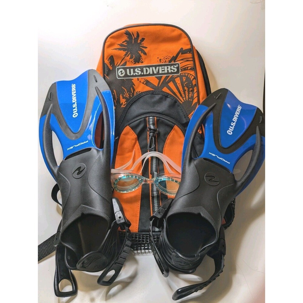 U.S. Divers Youth Fin Set Blue Orange Fins Goggles Bag Size 1-4 US 32-35EU Kids